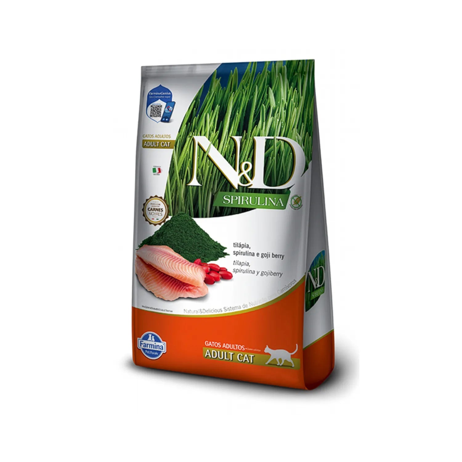 N&D Espirulina Pescado Tilapia para Gatos en bolsa con tilapia, espirulina y fórmula para gatos adultos