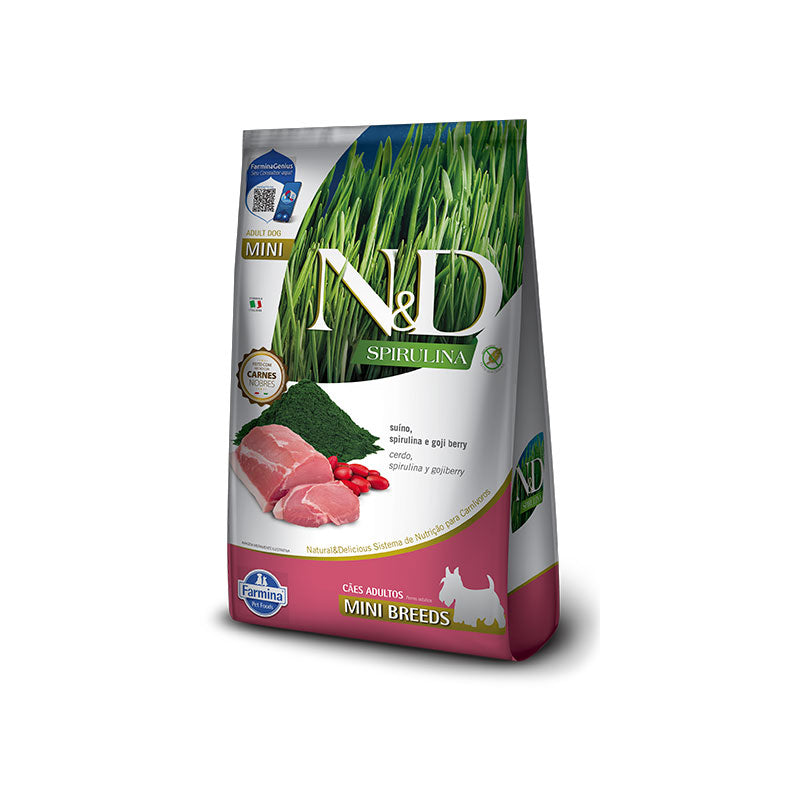 N&D Espirulina Cerdo para Perros Razas Pequeñas en bolsa, alimento seco con cerdo, espirulina y goji para mini breeds