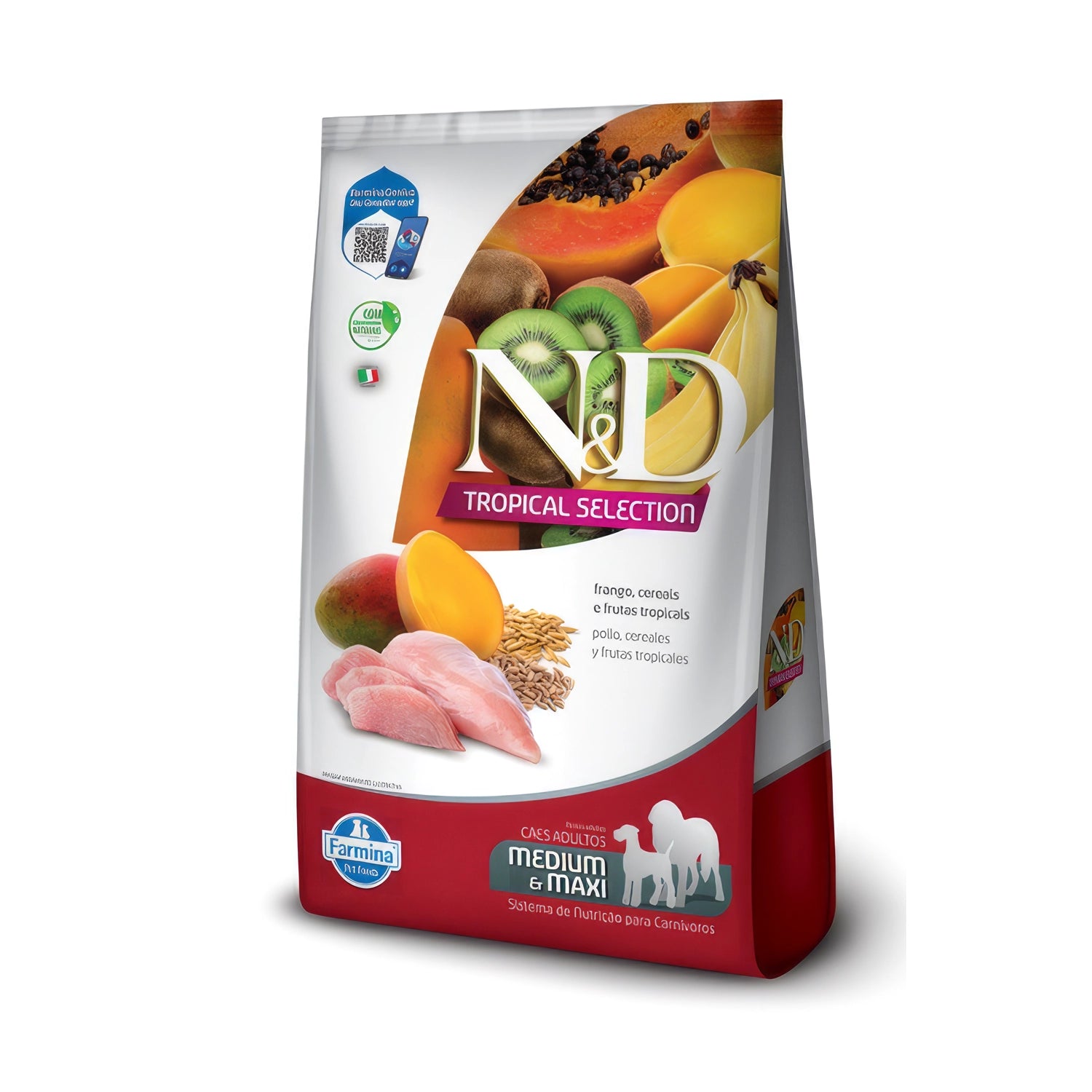 N&D Tropical Selection Pollo para Perros Medianos y Maxi en bolsa de alimento seco con pollo, mango, kiwi y frutas tropicales.