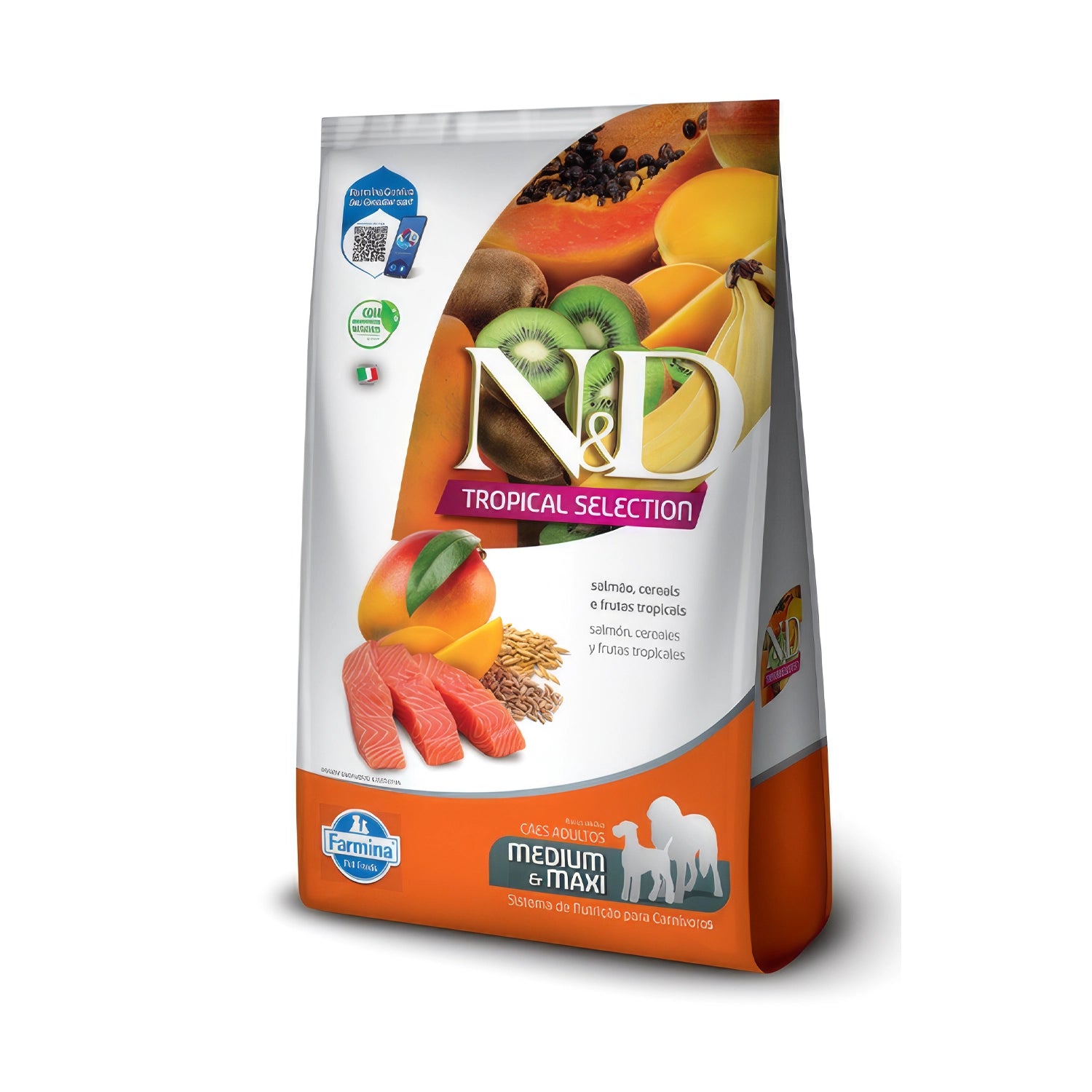 N&D Tropical Selection Salmón para Perros Medianos y Maxi en bolsa de alimento seco con salmón, mango, kiwi y banana.