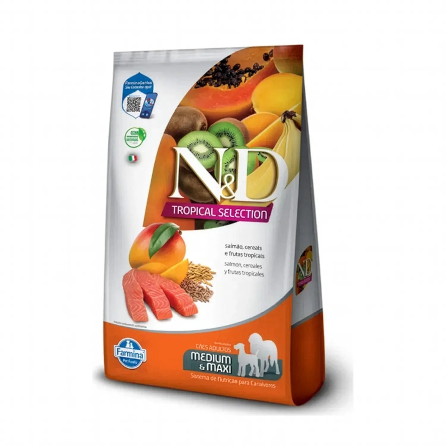 N&D Tropical Selection Salmón para Perros Medianos y Maxi en bolsa, alimento seco con salmón, cereales y frutas tropicales