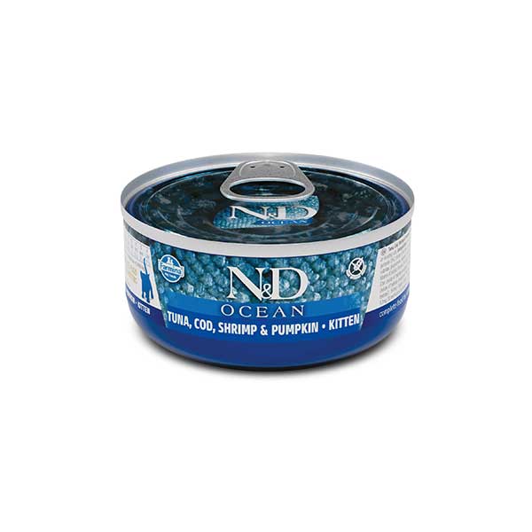 N&D Ocean Lata Atún, Bacalao, Camarón y Calabaza para Gatitos 70 gr