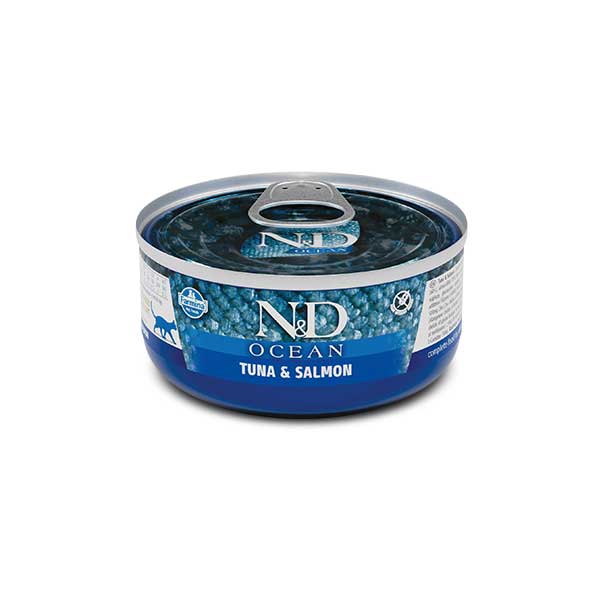 N&D Ocean Lata Atún y Salmón para Gatos en envase metálico azul, alimento húmedo con tapa abre fácil y diseño marino