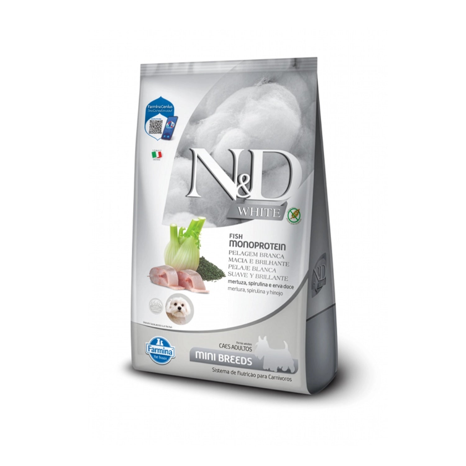 N&D White Monoprotein para Perros Razas Pequeñas en bolsa blanca, alimento seco con pescado para pelaje claro y brillante