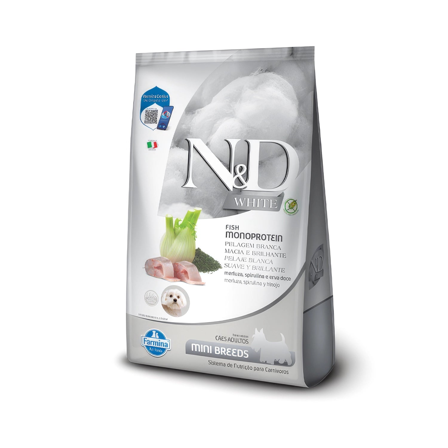 N&D White Monoprotein para Perros Razas Pequeñas en saco de alimento seco con pescado, espirulina e hinojo para adultos.