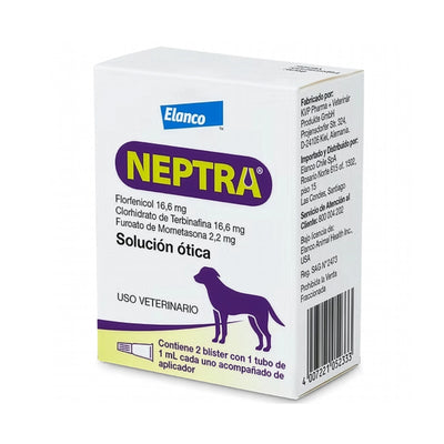 Caja de Neptra Solución ótica Elanco para uso veterinario, medicamento ótico para perros con fórmula antifúngica.