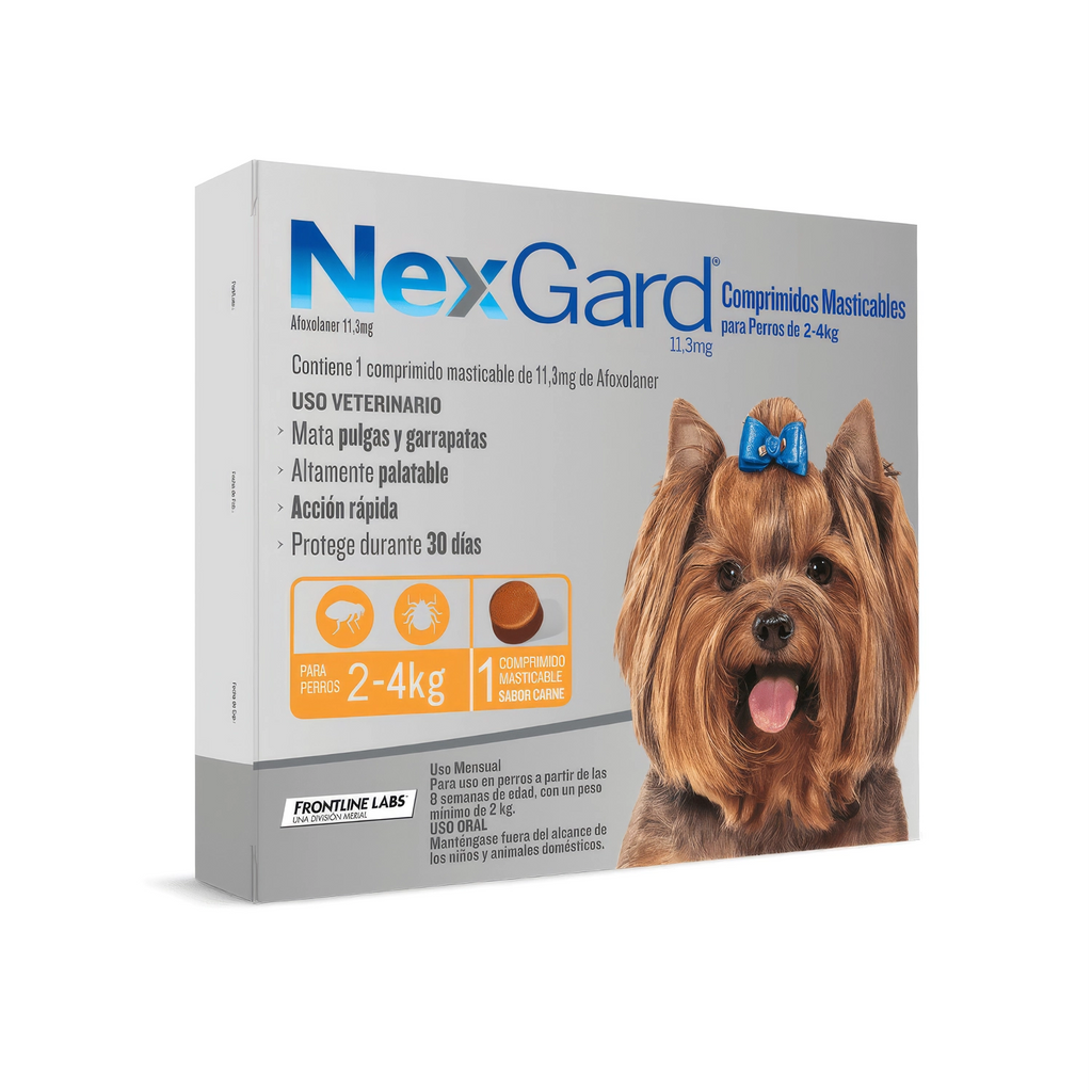 NexGard 1 Comprimido masticable para perros de 2 a 4 kg, tratamiento antipulgas y antigarrapatas con acción mensual.