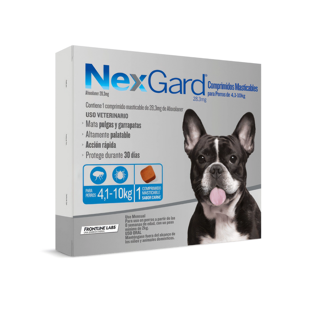 NexGard 1 Comprimido masticable para perros de 4,1 a 10 kg, tratamiento antipulgas y antigarrapatas con acción mensual.