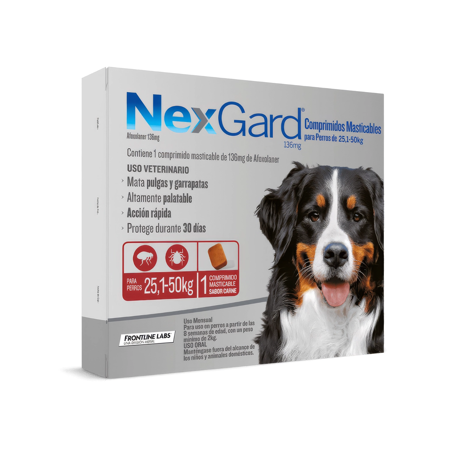 NexGard 1 Comprimido masticable para perros de 25,1 a 50 kg, tratamiento antipulgas y antigarrapatas con acción mensual.