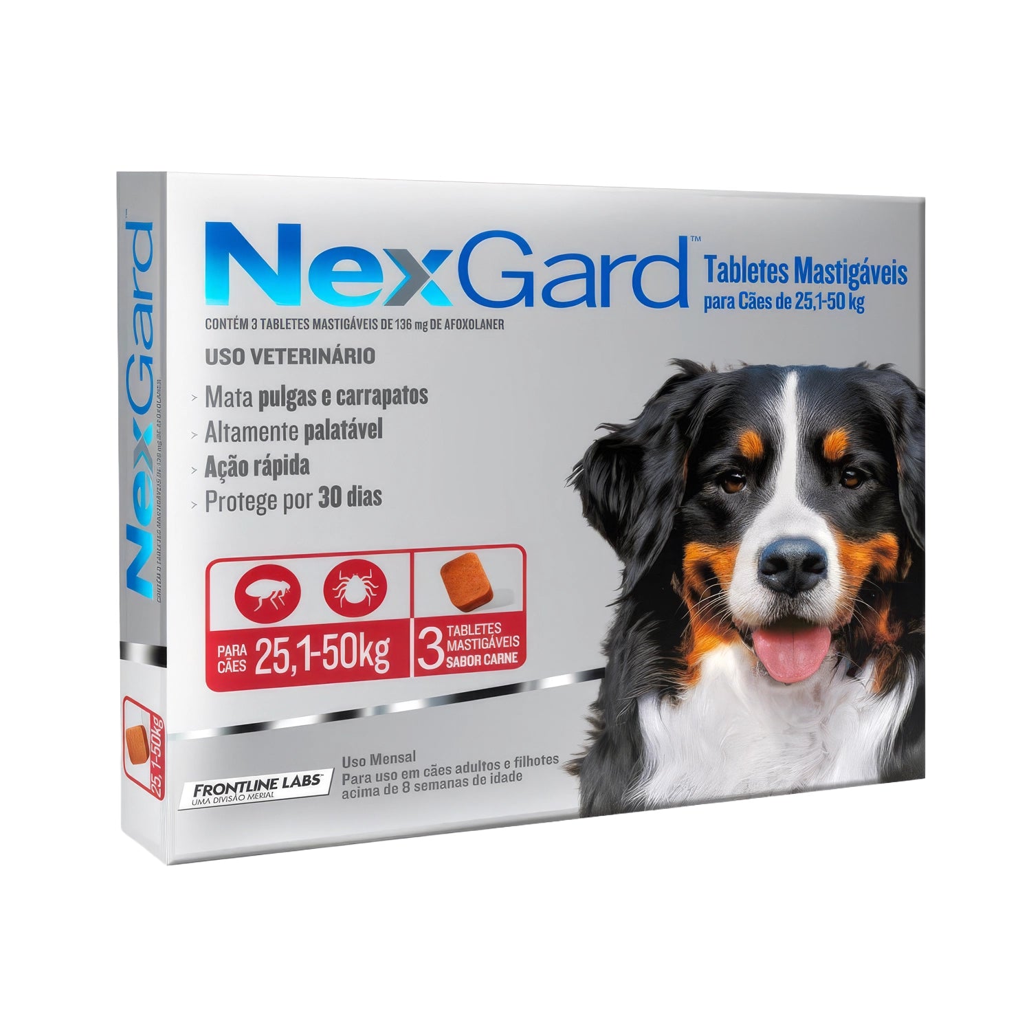 NexGard 3 Comprimido masticable para perros de 25,1 a 50 kg, protección mensual contra pulgas y garrapatas con afoxolaner.
