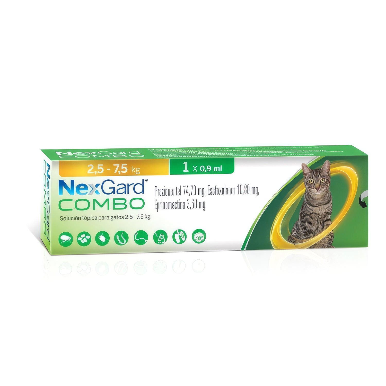 NexGard Combo Pipeta para Gatos 2,5 a 7,5 kg, solución tópica antiparasitaria con imagen de gato en el envase.