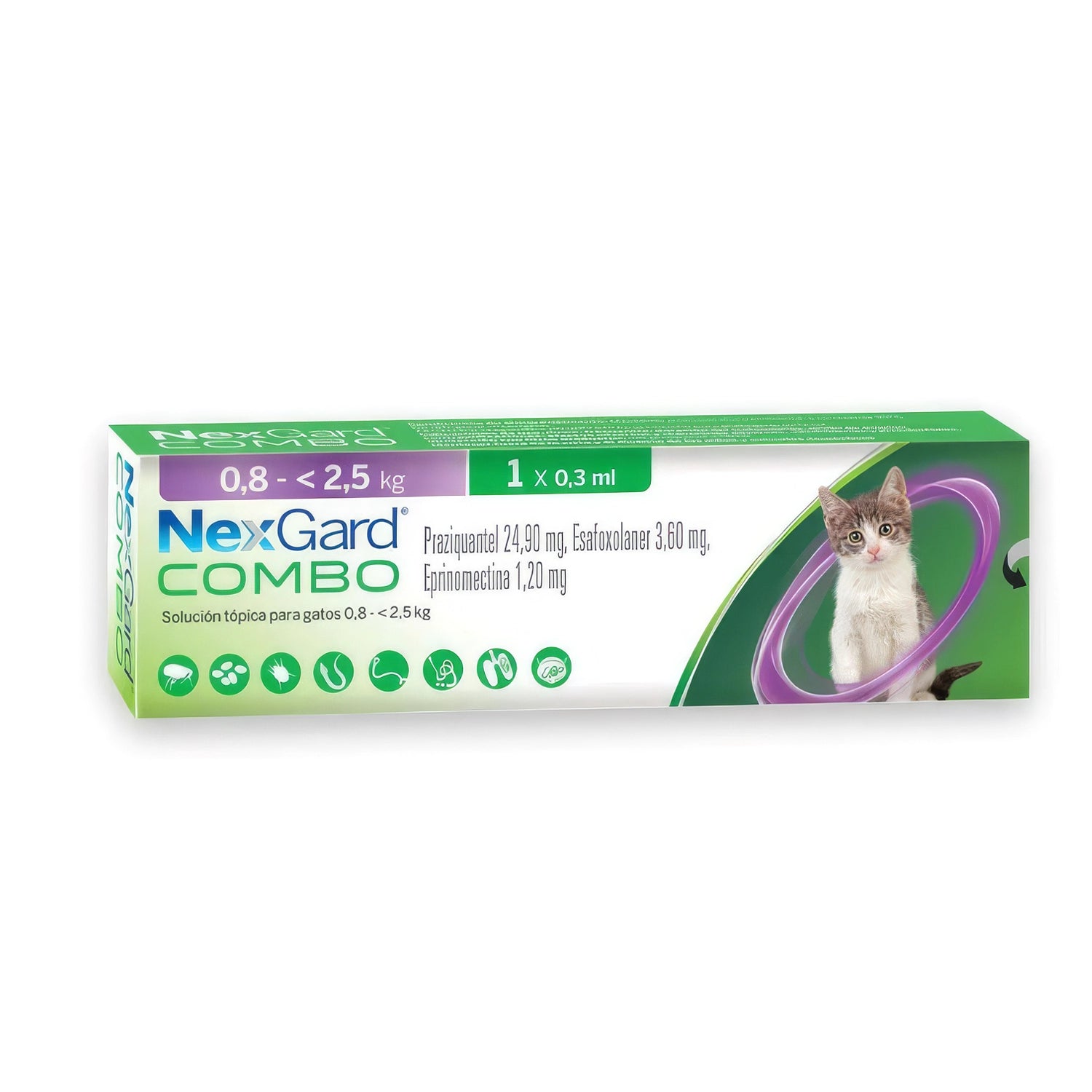 NexGard Combo Pipeta para Gatos 0,8 a 2,5 kg, solución tópica antiparasitaria de 0,3 ml con imagen de gatito.