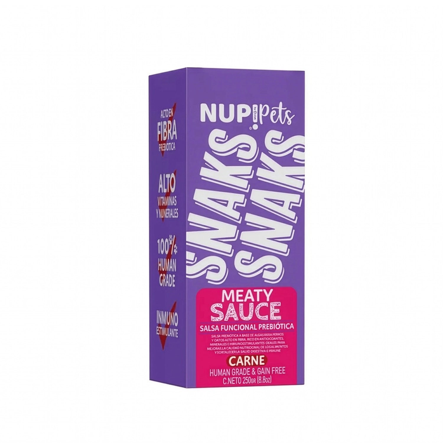 Nup! Pets Snacks Meaty Sauce Carne en envase púrpura con salsa prebiótica funcional para perros y gatos.