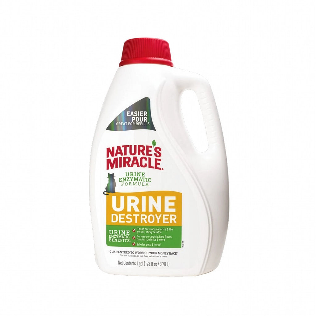 Nature's Miracle Urine Destroyer en envase con asa y tapa roja, limpiador enzimático que elimina manchas y olores de orina de mascotas.