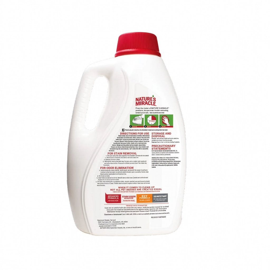 Nature's Miracle Urine Destroyer en envase con asa y tapa roja, limpiador enzimático que elimina manchas y olores de orina de mascotas.