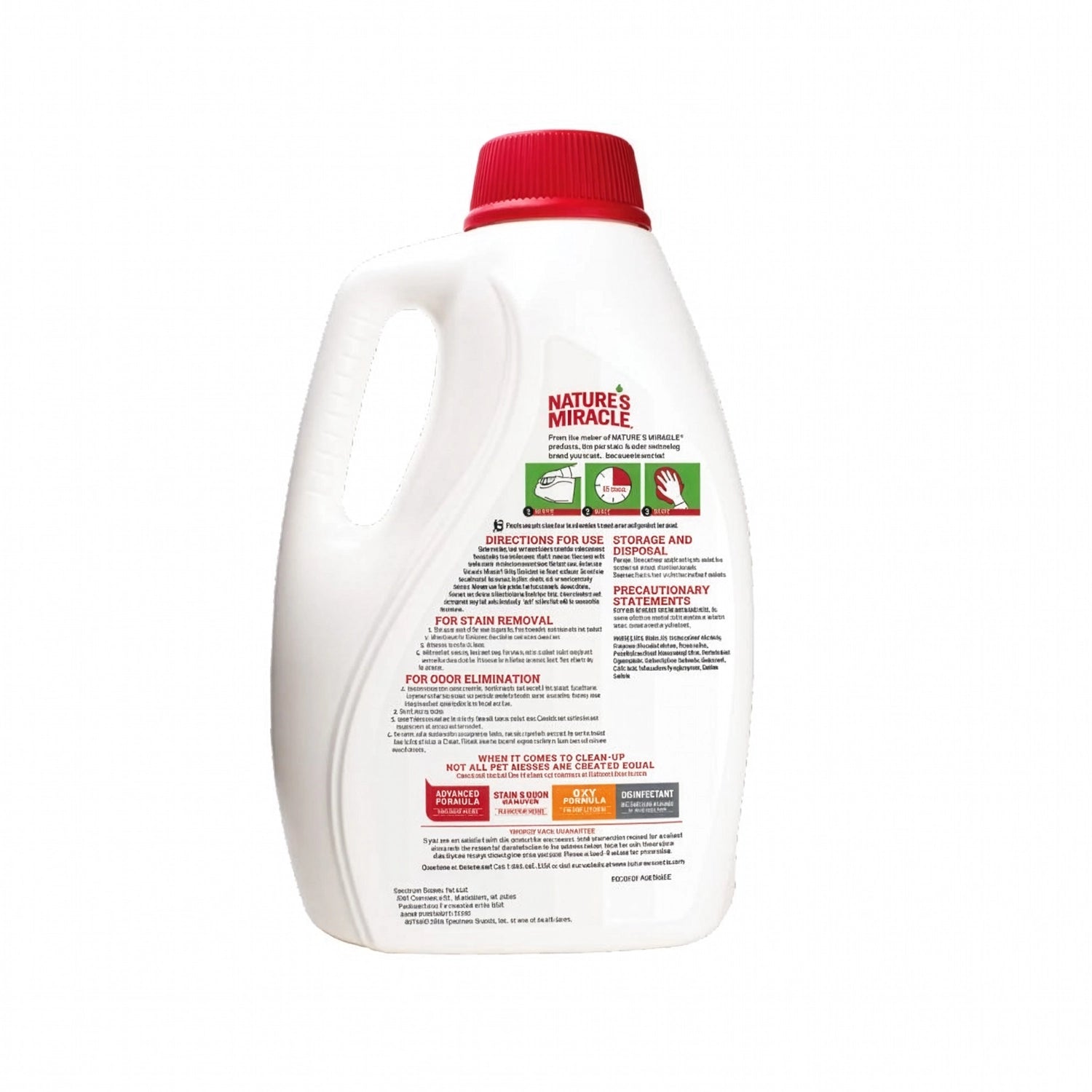 Nature's Miracle Urine Destroyer en envase con asa y tapa roja, limpiador enzimático que elimina manchas y olores de orina de mascotas.