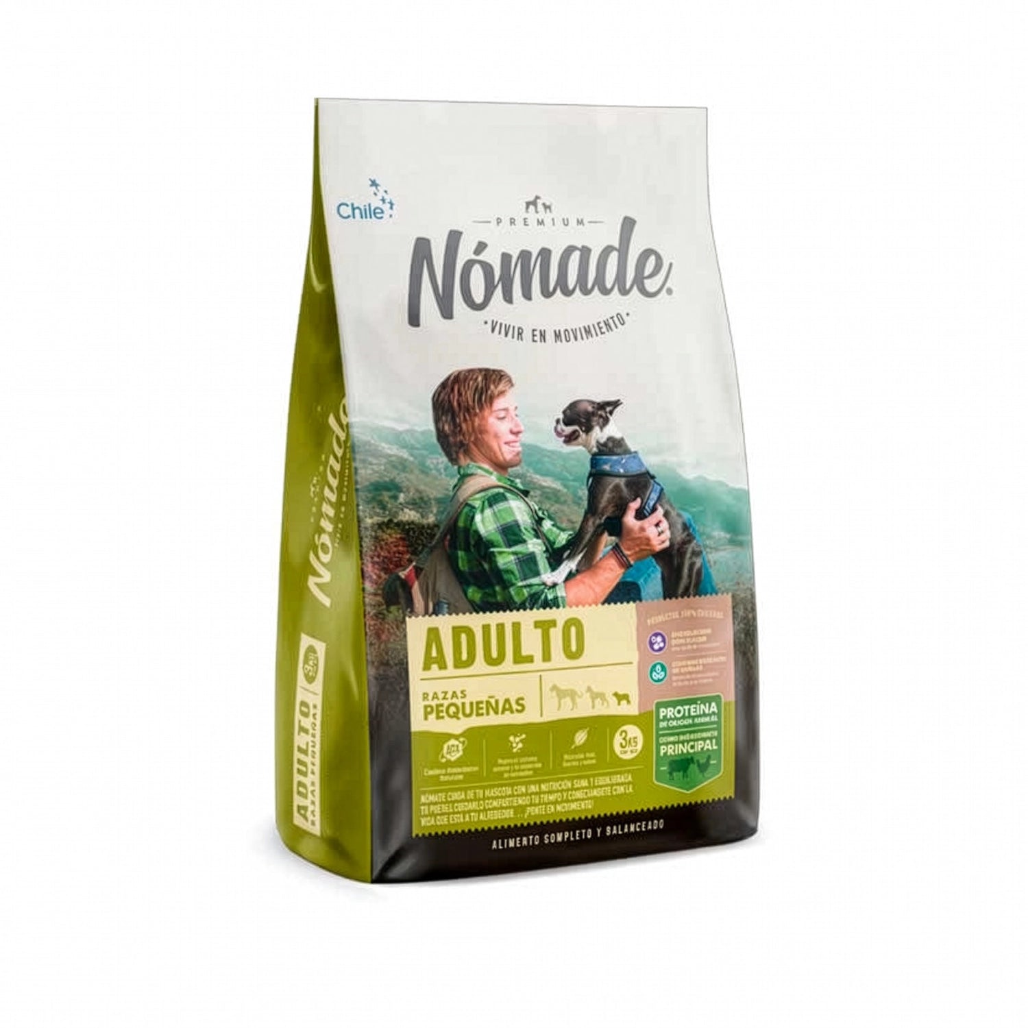 Nómade para Perros Adultos Razas Pequeñas alimento seco en bolsa blanca y verde con imagen de persona y perro pequeño
