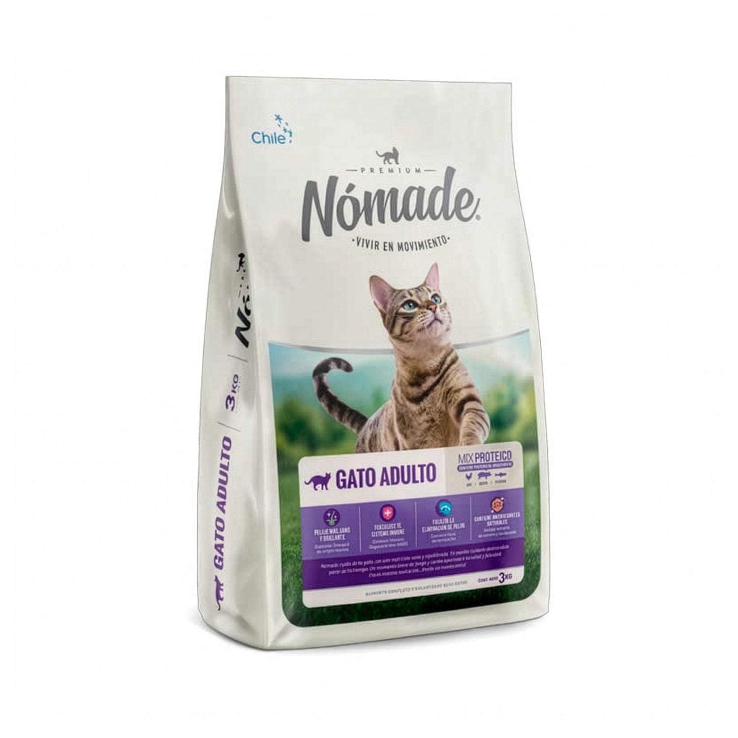 Nómade para Gatos Adultos saco de alimento balanceado con diseño blanco y foto de gato, indicado para nutrición completa felina