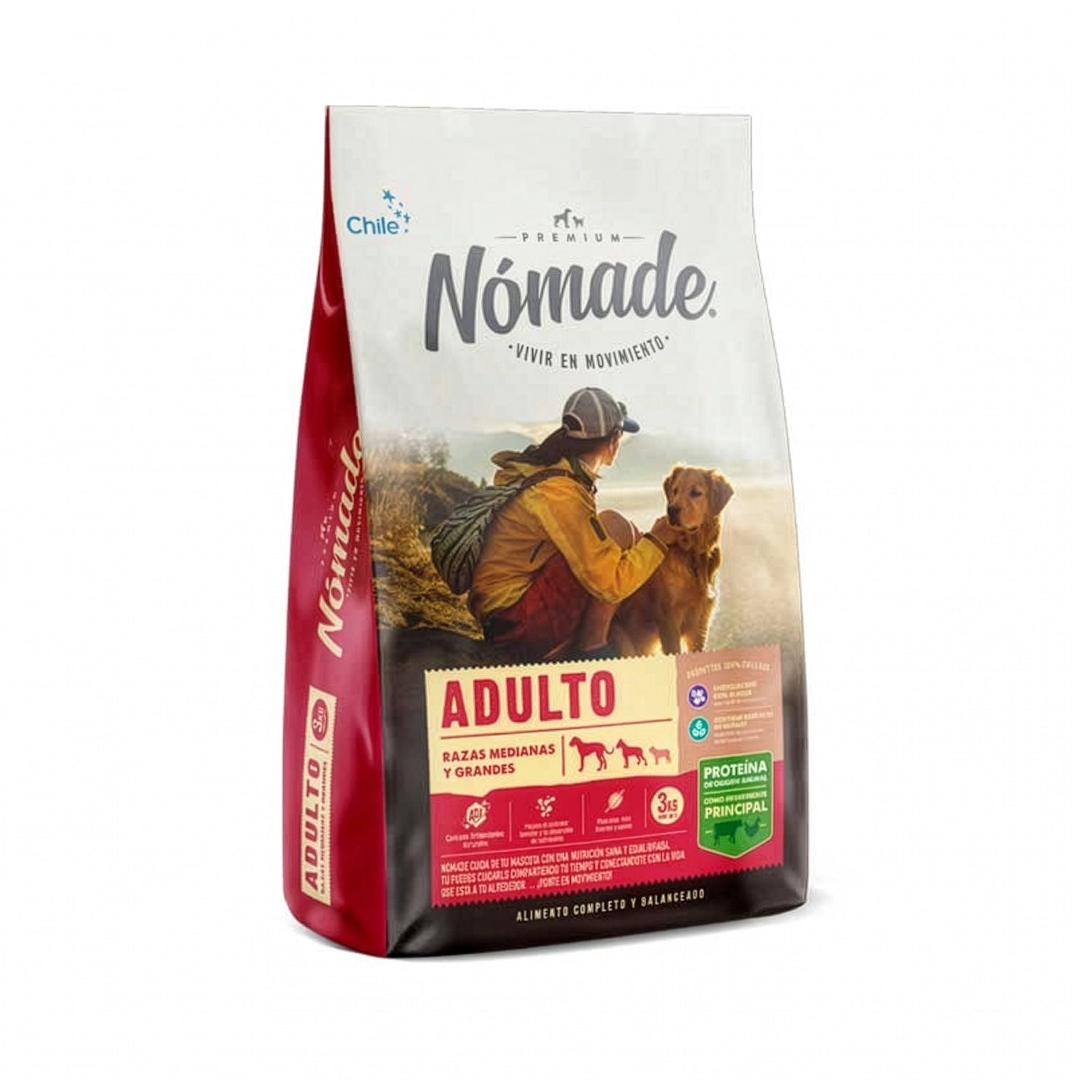 Nómade para Perros Adultos alimento seco en bolsa blanca y roja con imagen de persona y perro, indicado para razas medianas y grandes