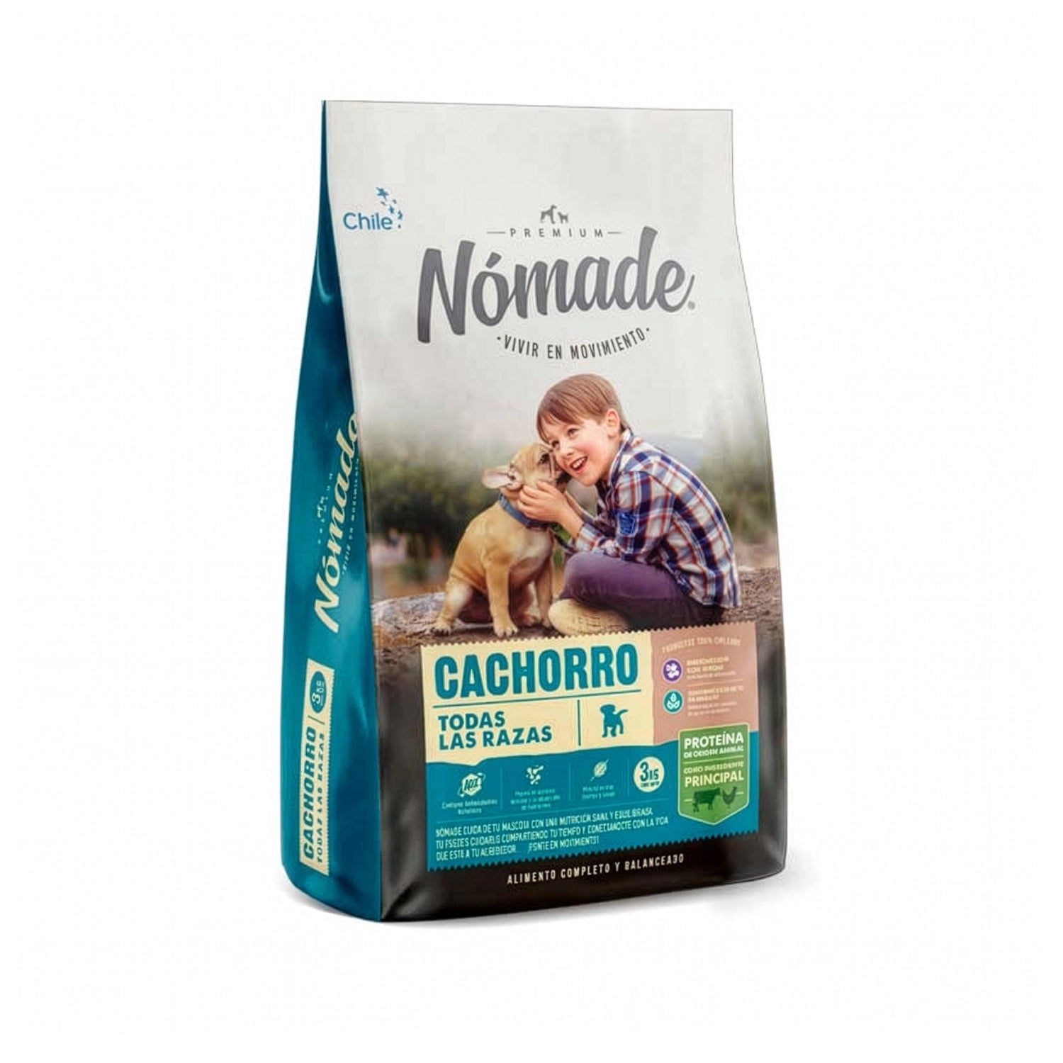 Nómade para Cachorros alimento seco en bolsa blanca y azul con imagen de niño y perro cachorro, fórmula completa para crecimiento