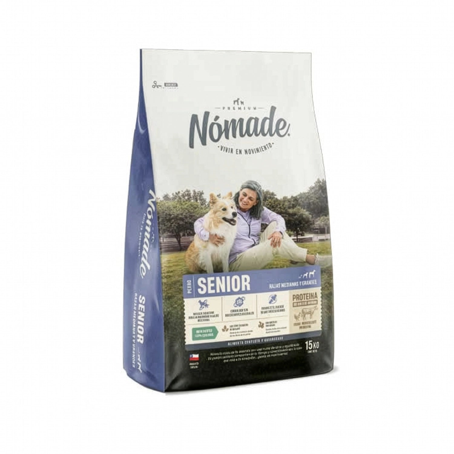 Nómade para Perros Senior Razas Medianas y Grandes alimento seco en bolsa blanca y azul con imagen de persona mayor y perro