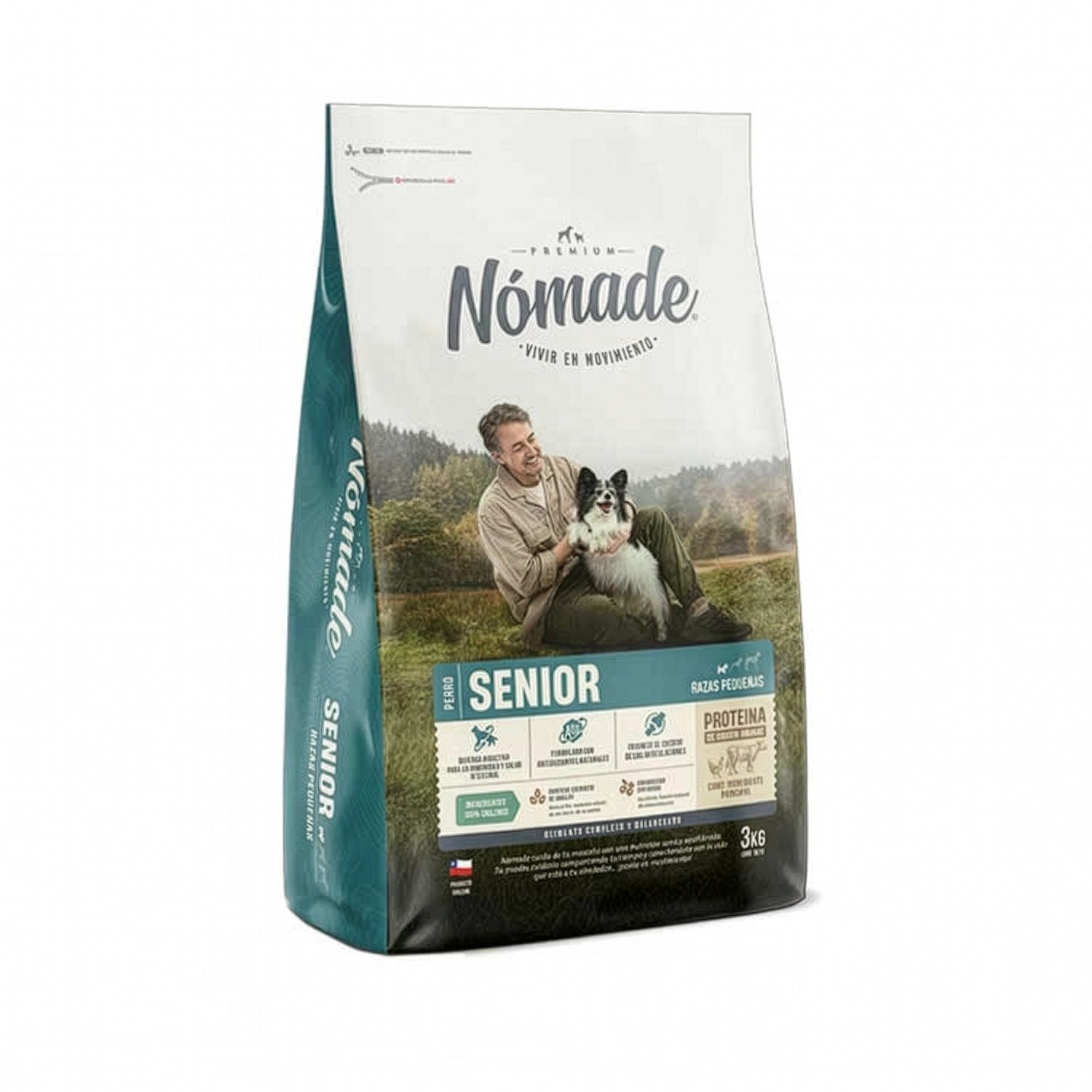 Nómade para Perros Senior Razas Pequeñas alimento seco en bolsa blanca y verde con imagen de adulto mayor y perro pequeño