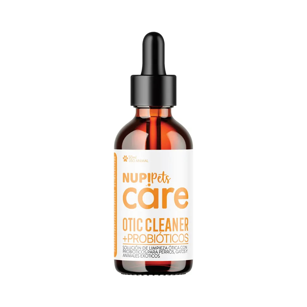 Nup! Pets Limpiador Ótico Probiótico en frasco ámbar con gotario negro, solución para limpieza de oídos en perros y gatos