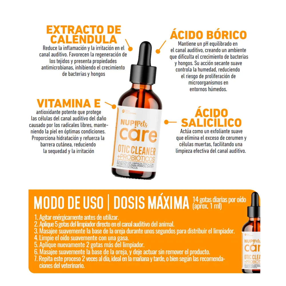 Nup! Pets Limpiador Ótico Probiótico en frasco ámbar con gotario negro, solución para limpieza de oídos en perros y gatos