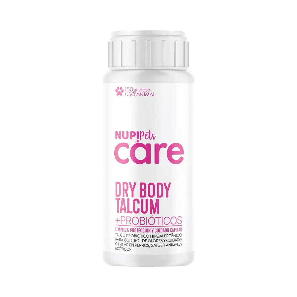 Nup! Pets Care Dry Body Talcum Probiótico en envase blanco con tapa, talco en polvo para mascotas con fórmula probiótica