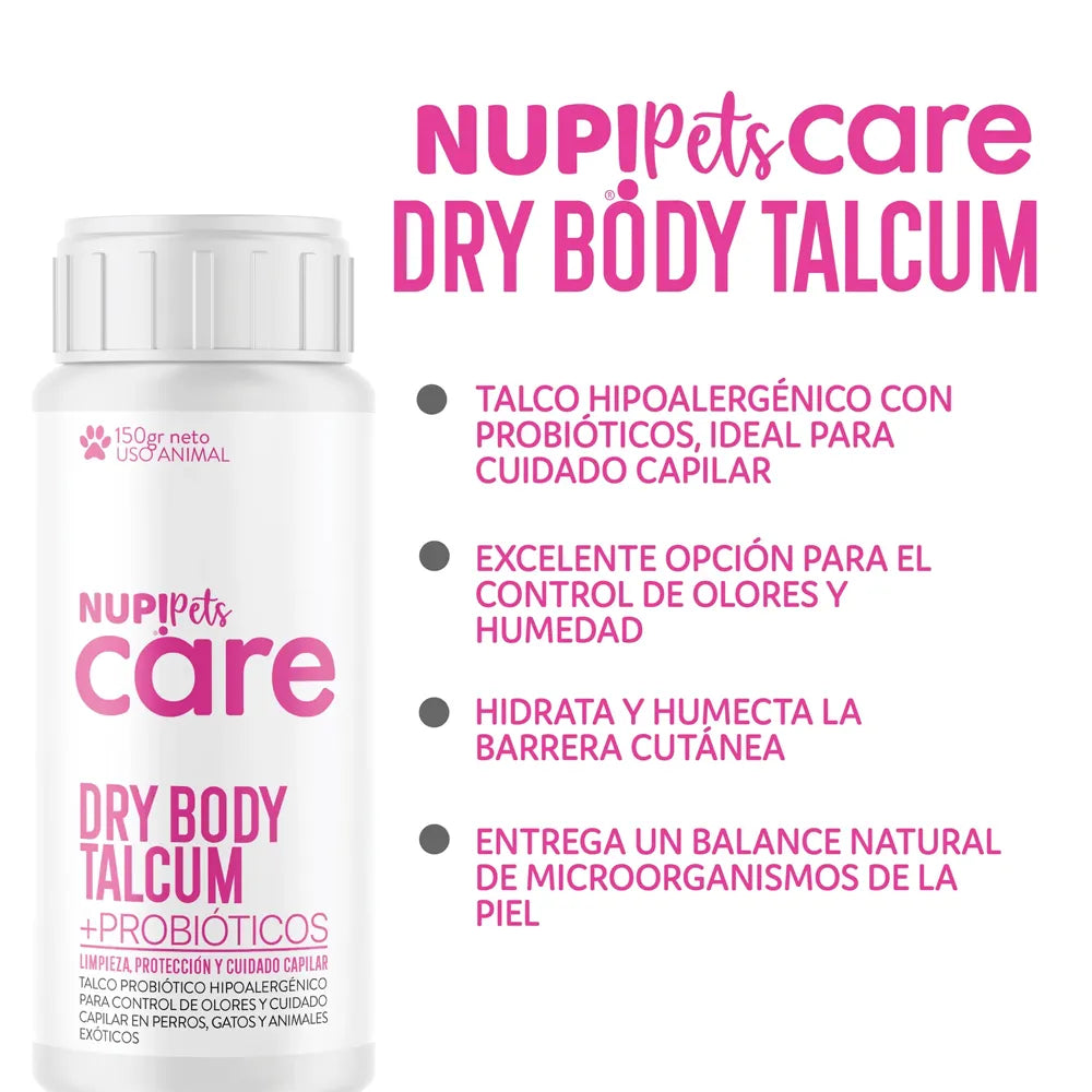 Nup! Pets Care Dry Body Talcum Probiótico en envase blanco con tapa, talco en polvo para mascotas con fórmula probiótica