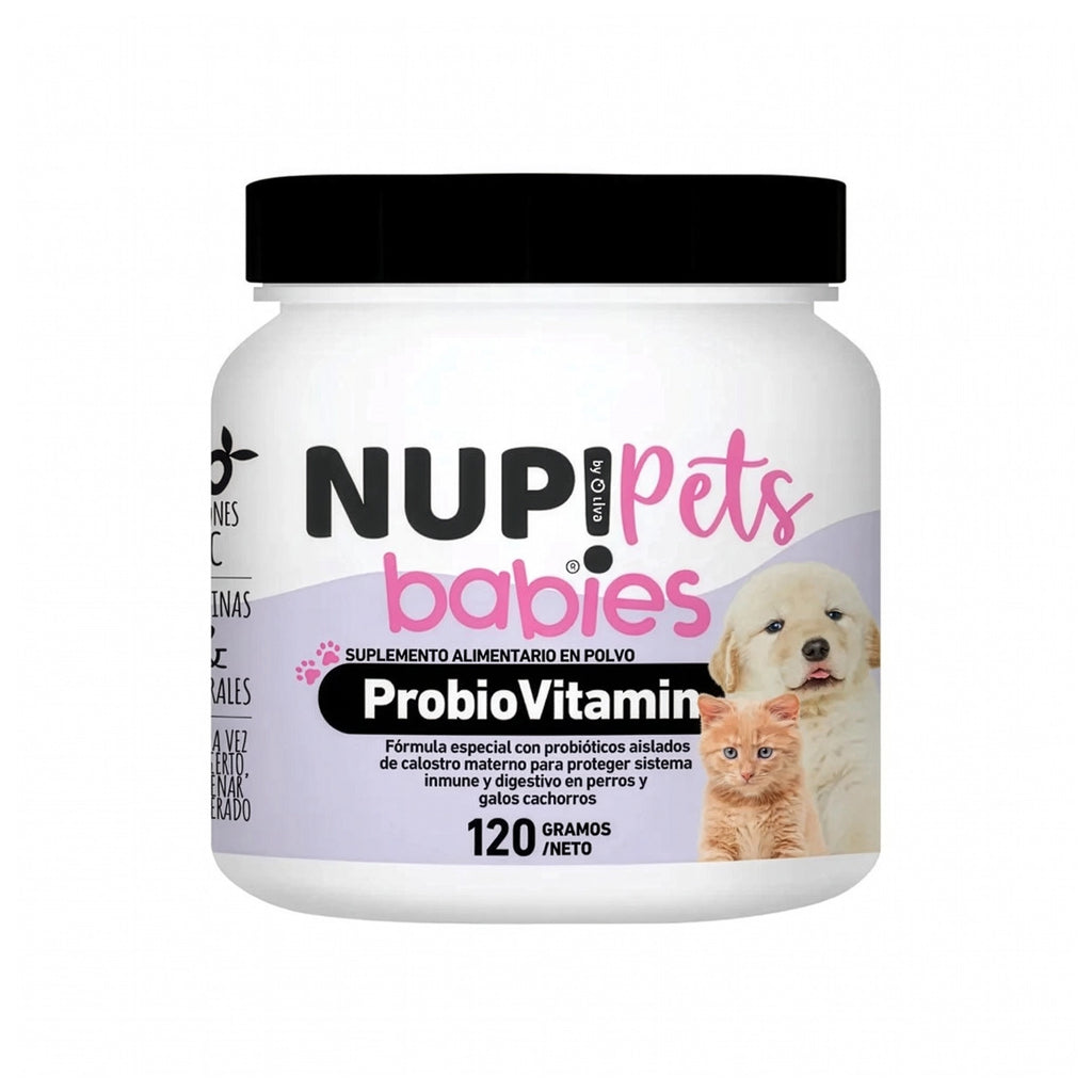 Nup! Pets Suplemento Babies ProbioVitamin en polvo para cachorros y gatitos con envase blanco y tapa negra.