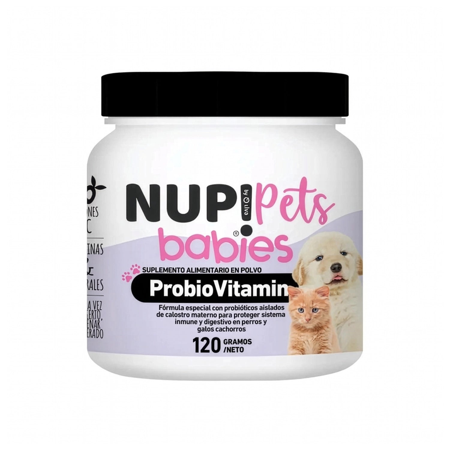 Nup! Pets Suplemento Babies ProbioVitamin en polvo para cachorros y gatitos con envase blanco y tapa negra.