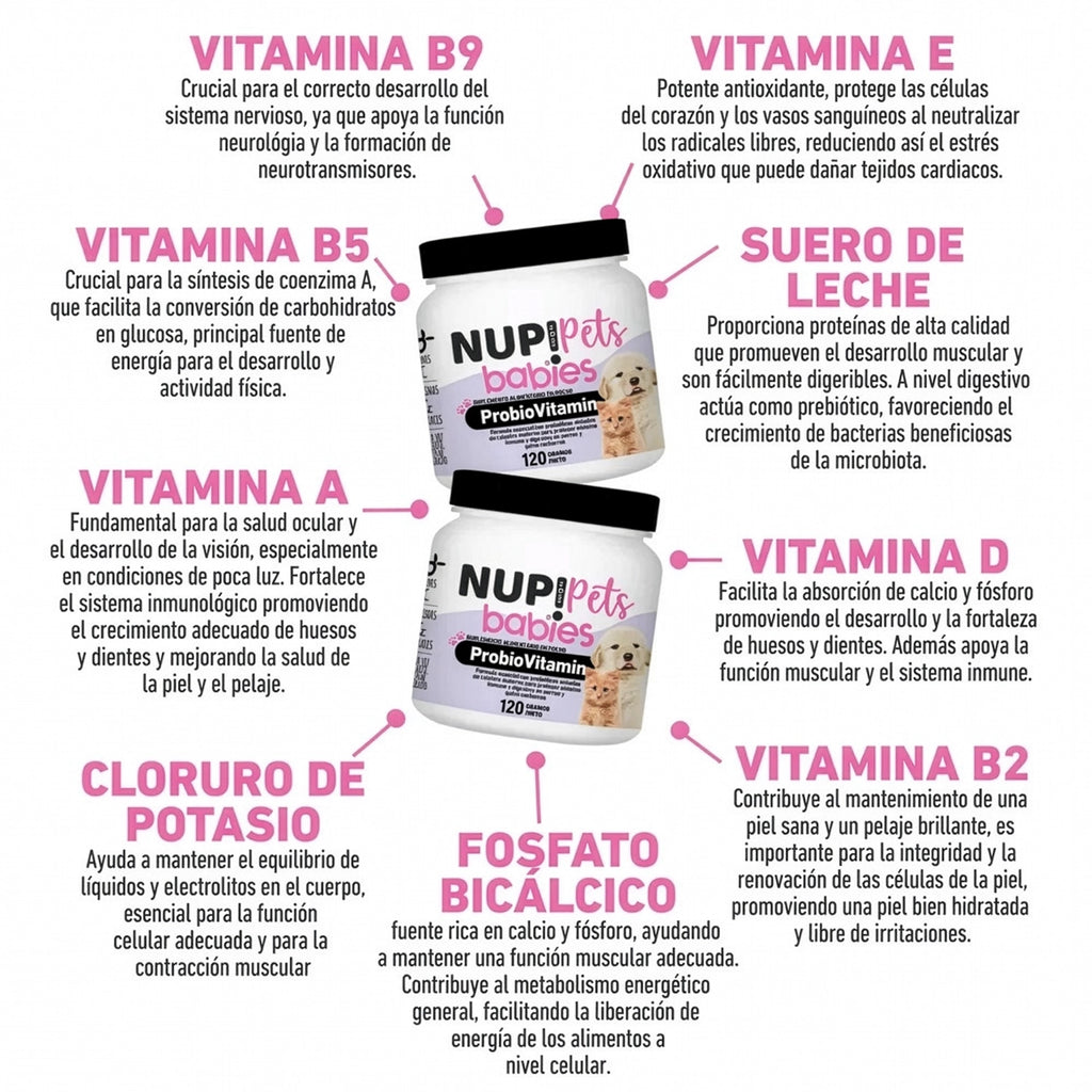 Nup! Pets Suplemento Babies ProbioVitamin en polvo para cachorros y gatitos con envase blanco y tapa negra.