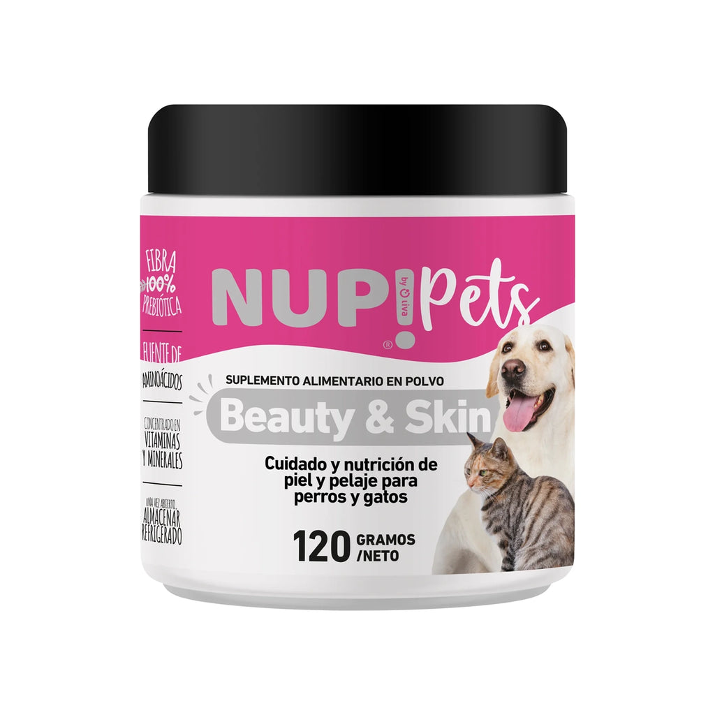 Nup! Pets Suplemento Cuidado de Piel y Pelaje Beauty & Skin para perros y gatos, envase de 120 g con imagen de perro y gato.