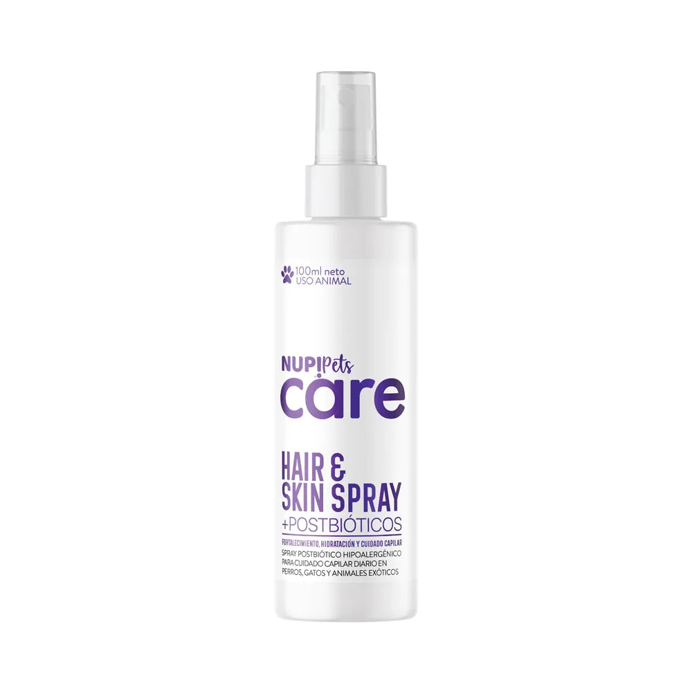 Nup! Pets Hair & Skin Spray Postbiótico en botella blanca con atomizador, diseño minimalista y cuidado capilar para mascotas