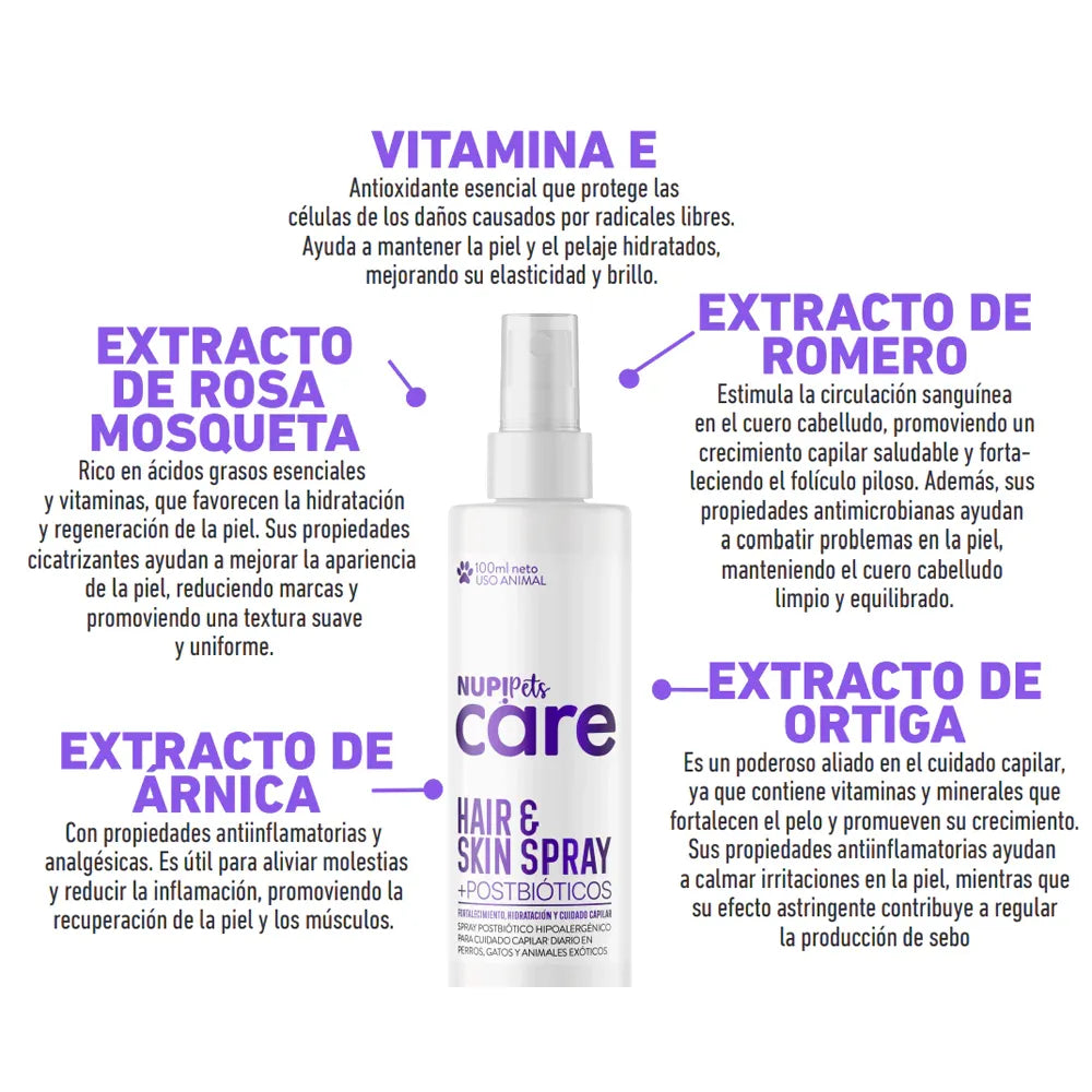 Nup! Pets Hair & Skin Spray Postbiótico en botella blanca con atomizador, diseño minimalista y cuidado capilar para mascotas