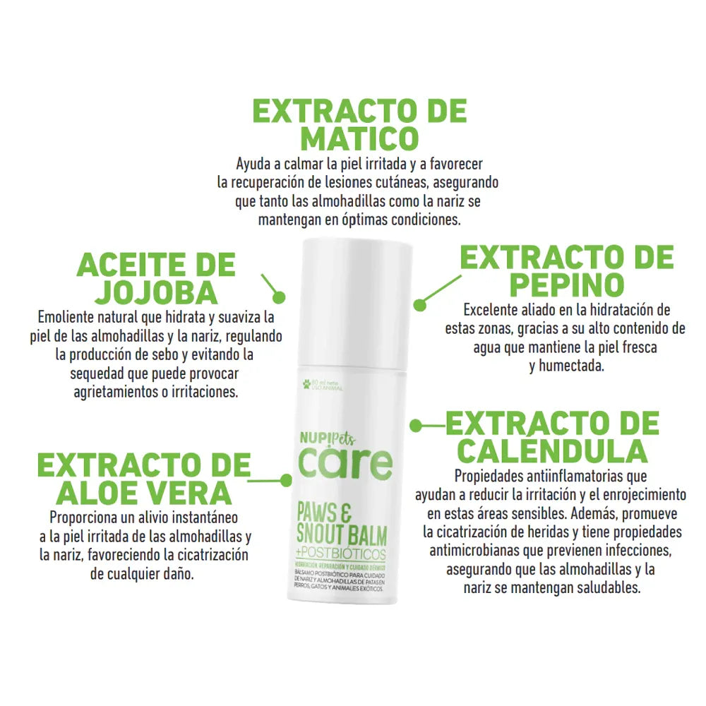 Nup! Pets Care Paw & Snout Bálsamo Patas y Nariz para perros y gatos, envase de 50 ml con fórmula hidratante.