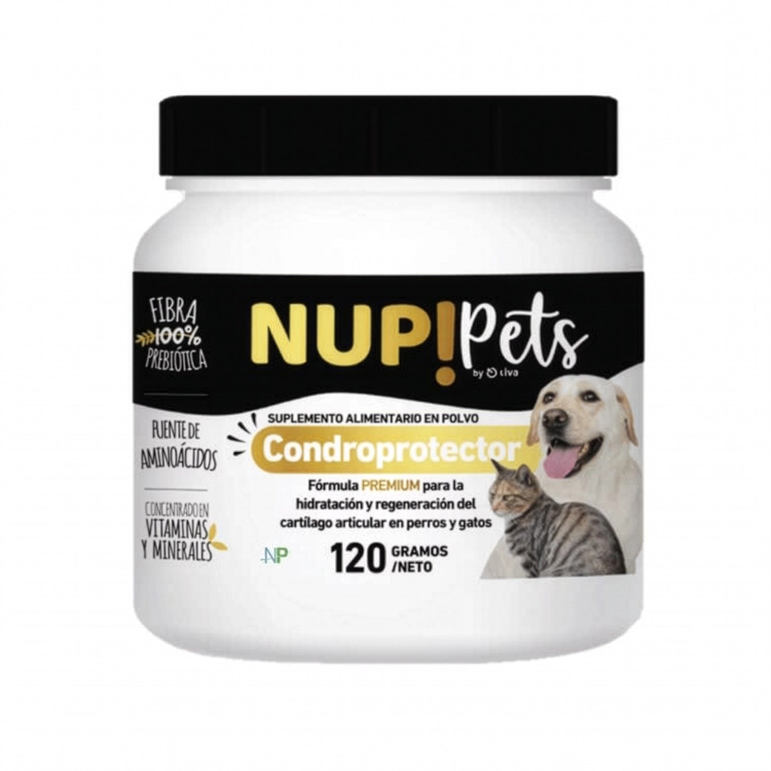 Nup! Pets Suplemento Condroprotector Carne en polvo para perros y gatos, envase con perro y gato, 120 gramos.