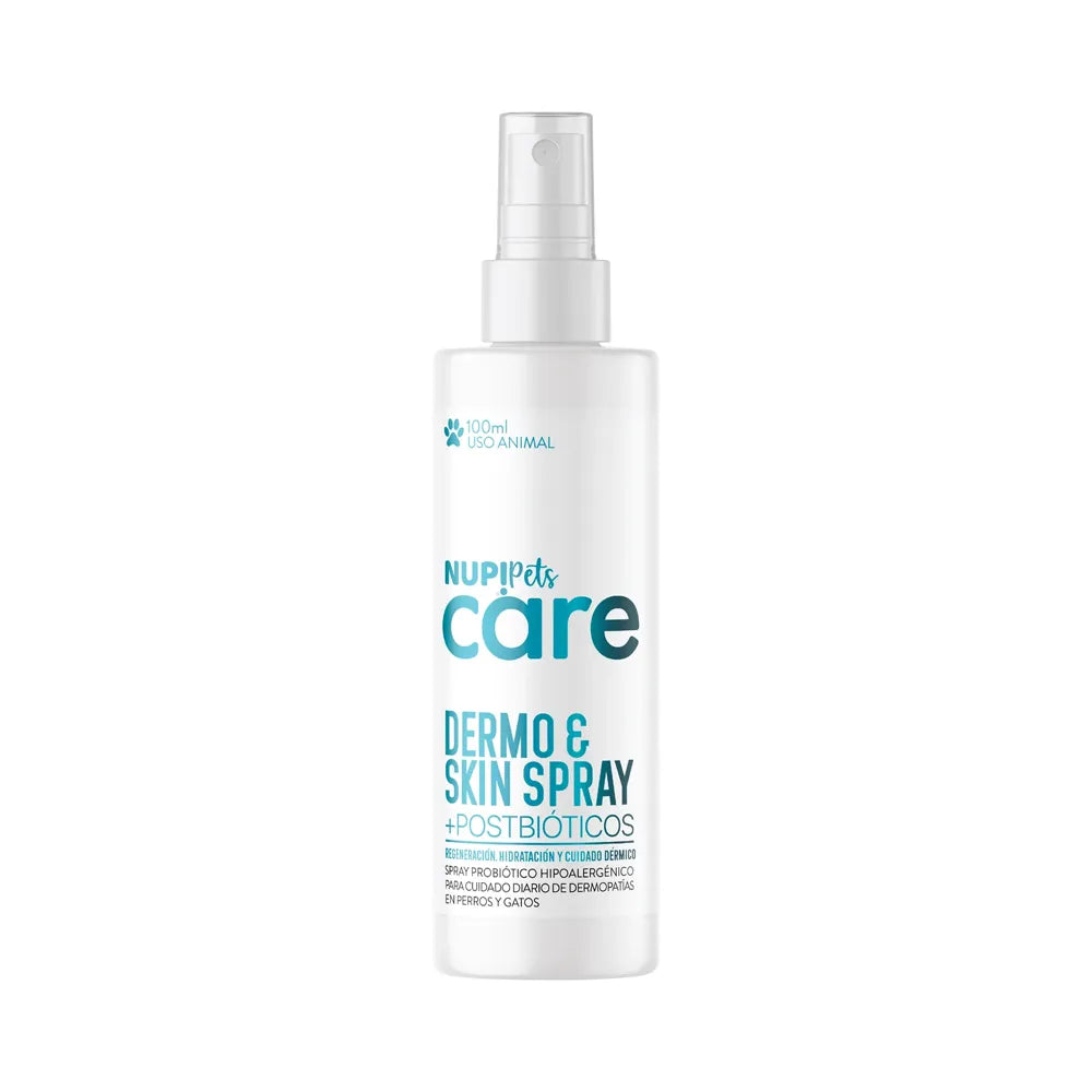 Nup! Pets Dermo & Skin Spray Postbiótico en botella blanca con atomizador, diseño minimalista y solución para cuidado dérmico