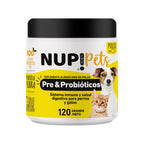 Frasco Nup! Pets Suplemento Pre & Probióticos Pollo 120 gramos para salud digestiva de perros y gatos.