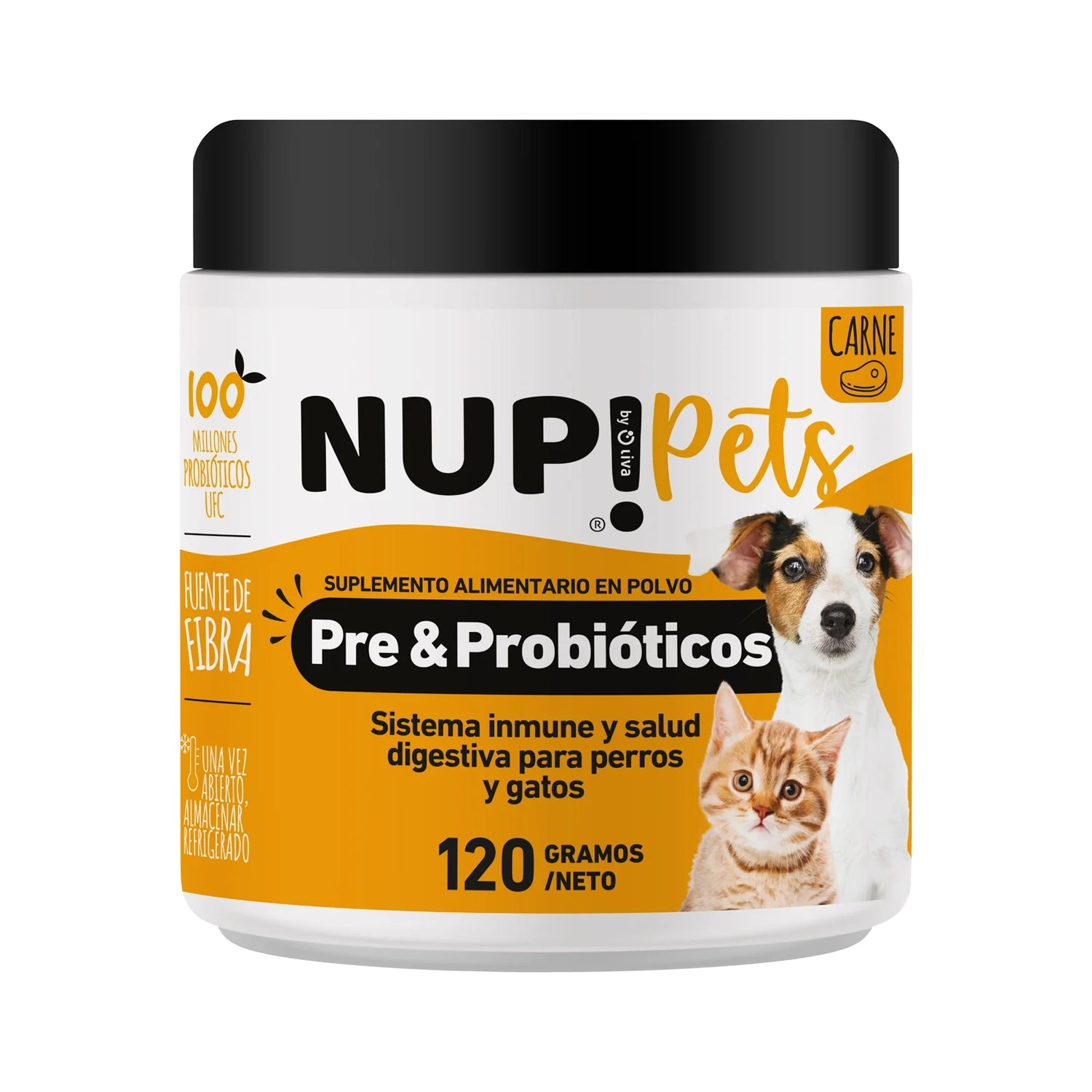 Nup! Pets Suplemento Pre & Probióticos Carne 120 g en envase para perros y gatos con apoyo digestivo e inmune.