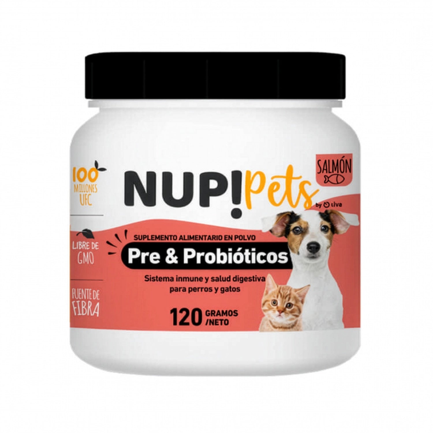 Nup! Pets Suplemento Pre & Probióticos Salmón en polvo para perros y gatos con envase de 120 g y sabor salmón.