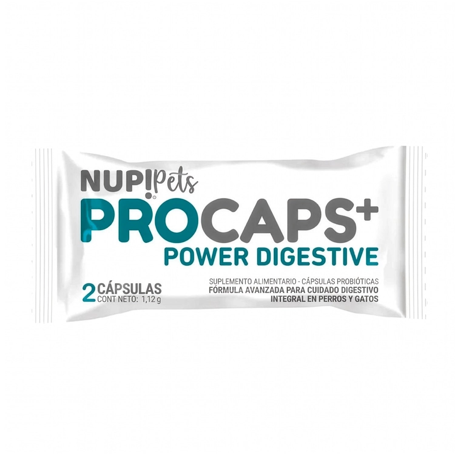 Nup! Pets Pro Caps Power Digestive Sachet envase tipo sachet blanco con texto verde, suplemento probiótico para mascotas