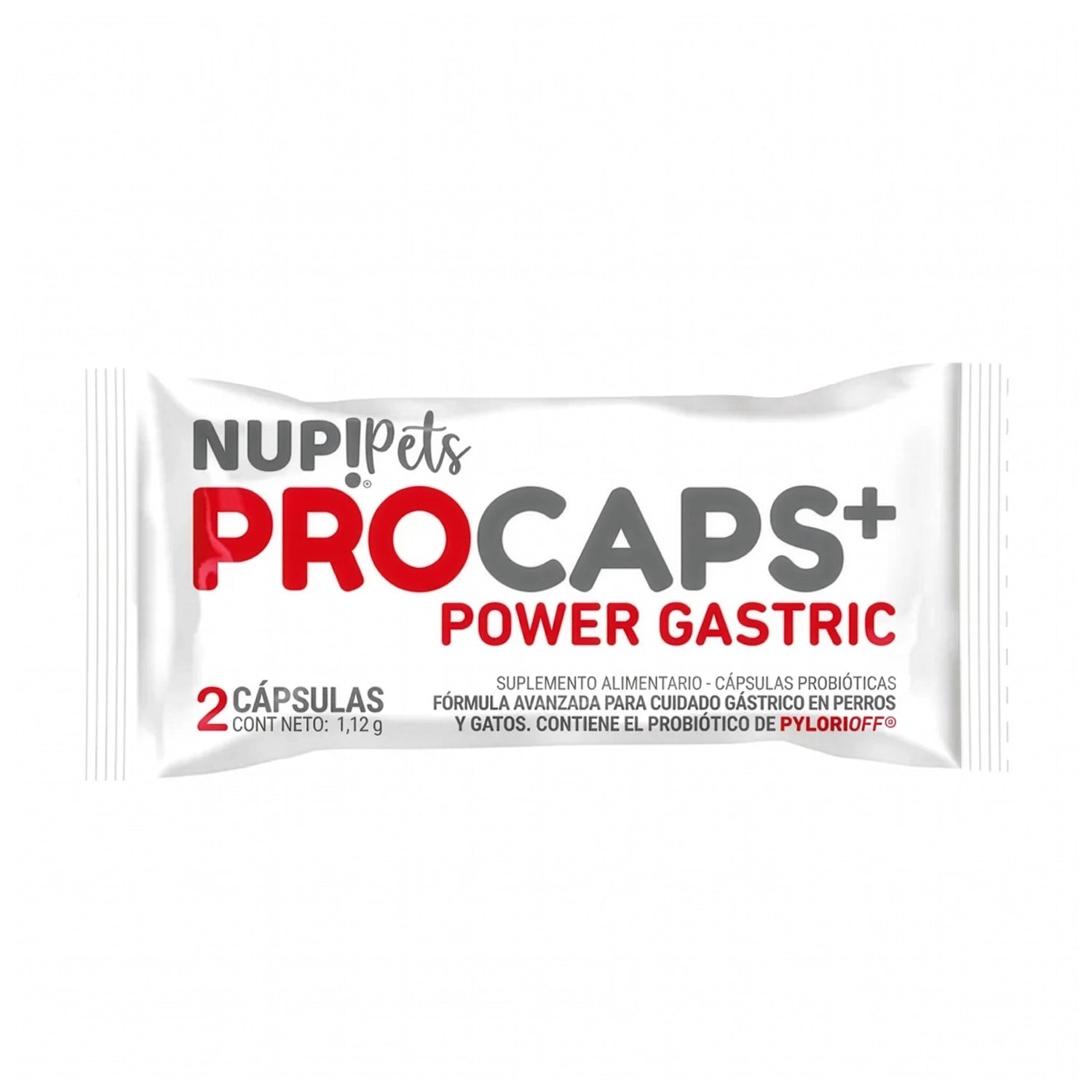 Nup! Pets Pro Caps Power Gastric Sachet 2 Capsulas para perros y gatos en envase blanco con texto rojo y gris.