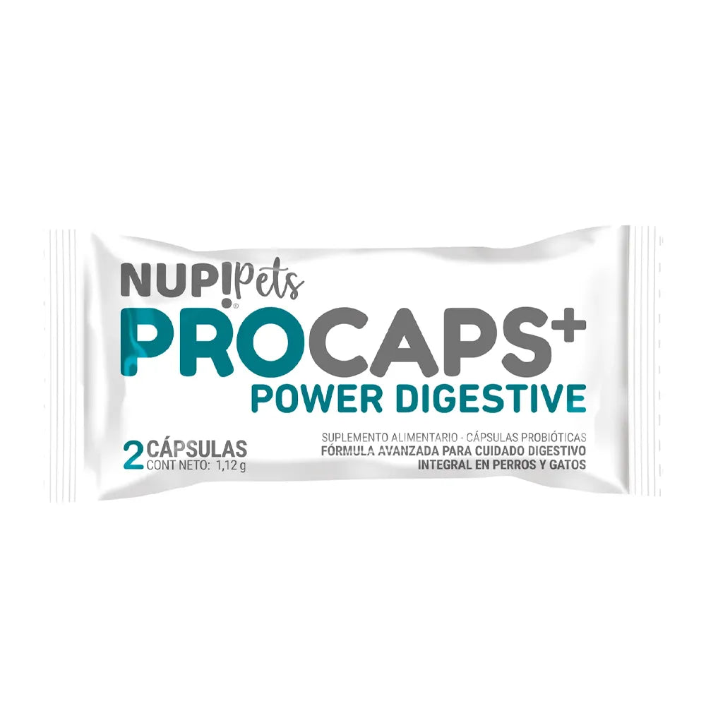 Nup! Pets Pro Caps Power Digestive Sachet envase tipo sachet blanco con texto verde, suplemento probiótico para mascotas
