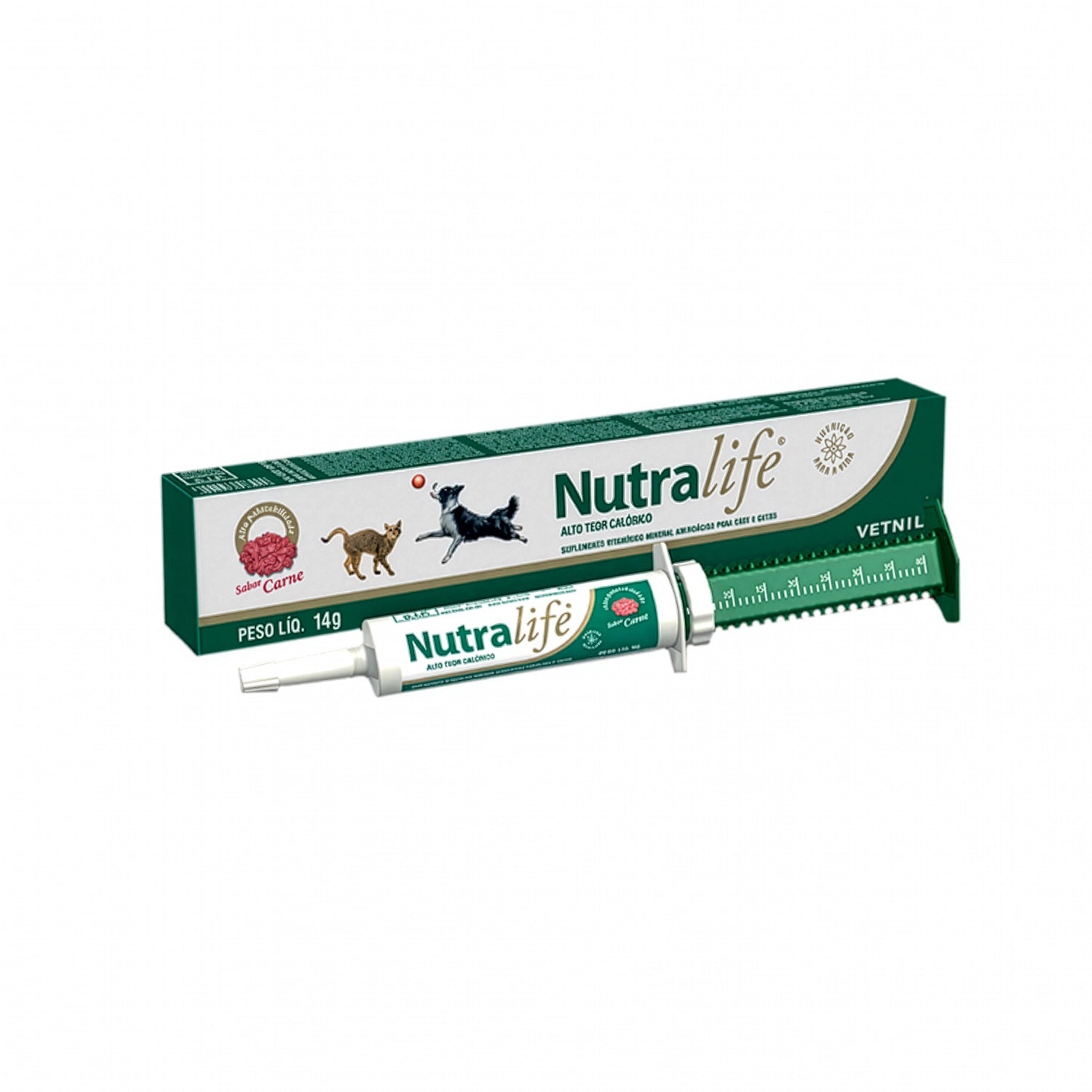 Nutralife Suplemento para Perros y Gatos 14 g en pasta sabor carne, presentado en jeringa dosificadora y caja verde
