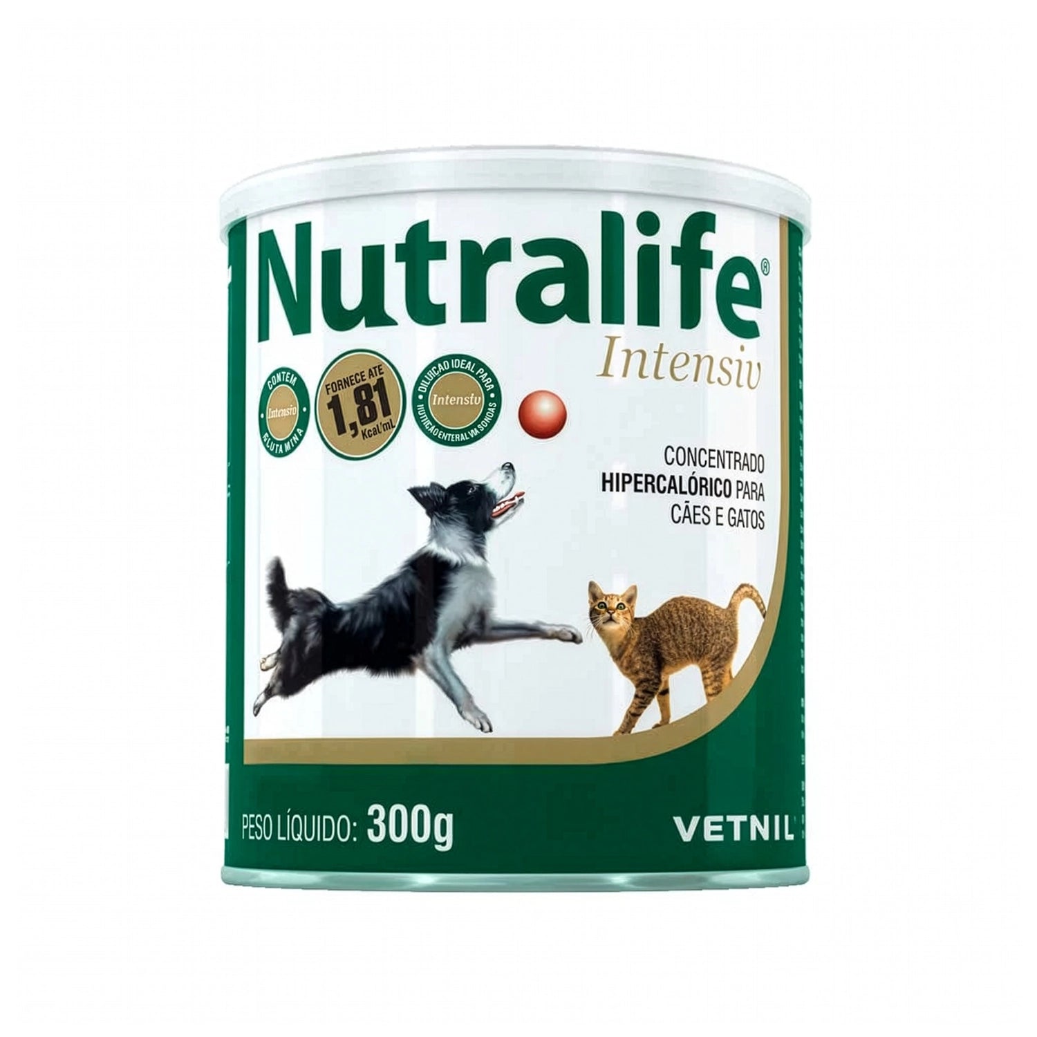 Nutralife Intensive para Perros y Gatos en envase de 300 g con fórmula hipercalórica y diseño con perro y gato.