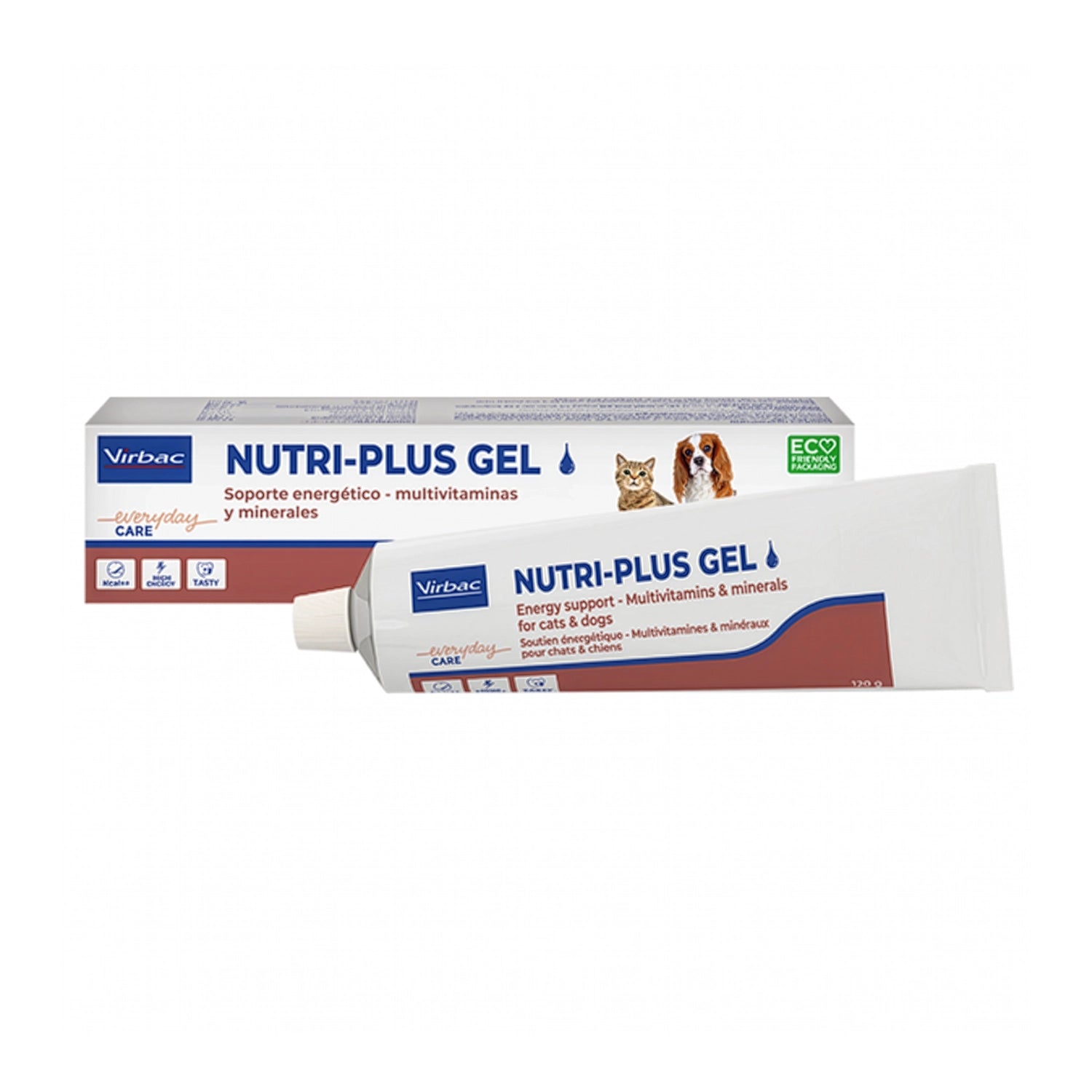 Nutri-Plus Gel multivitamínico veterinario en tubo blanco con envase Virbac para perros y gatos.