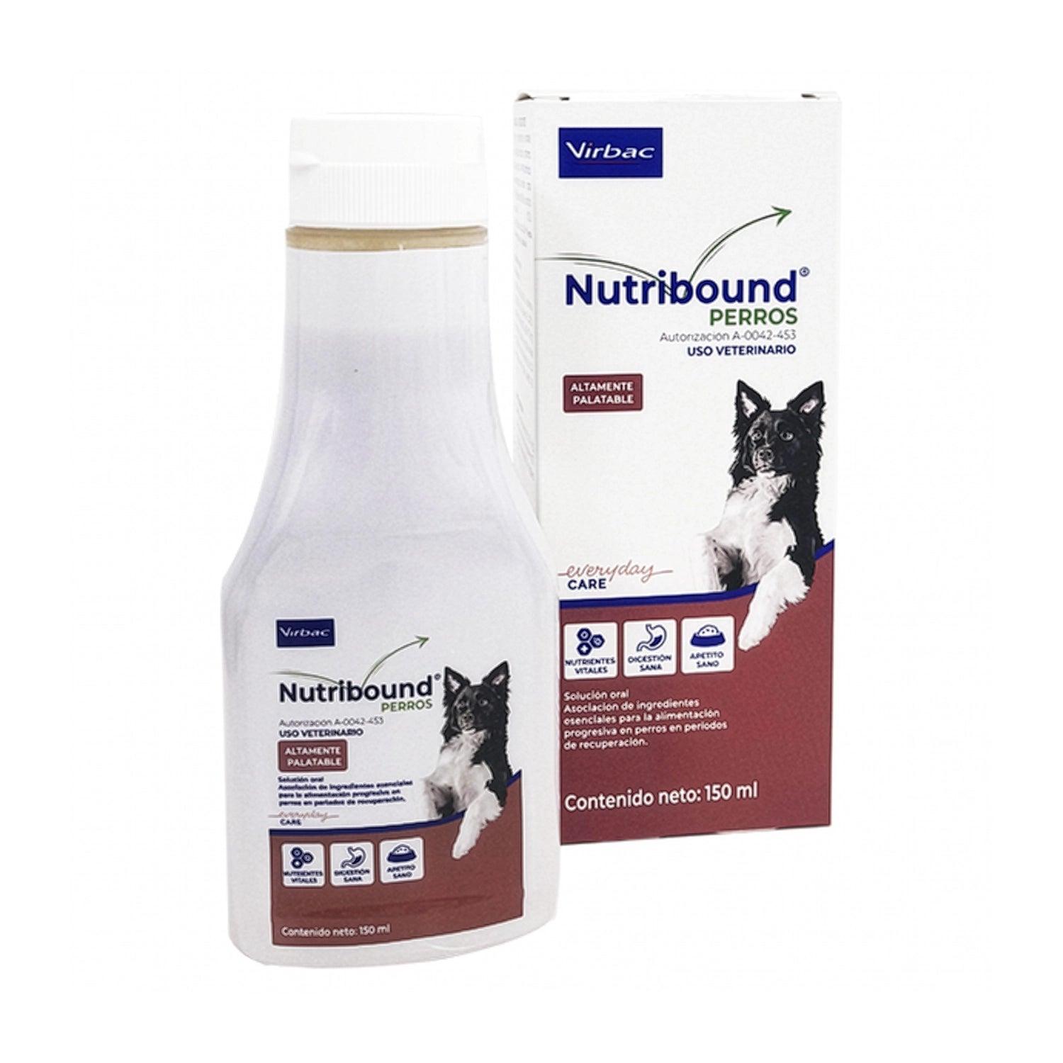 Nutribound Virbac para Perros en botella y caja de 150 ml, suplemento veterinario oral para recuperación y apetito sano.