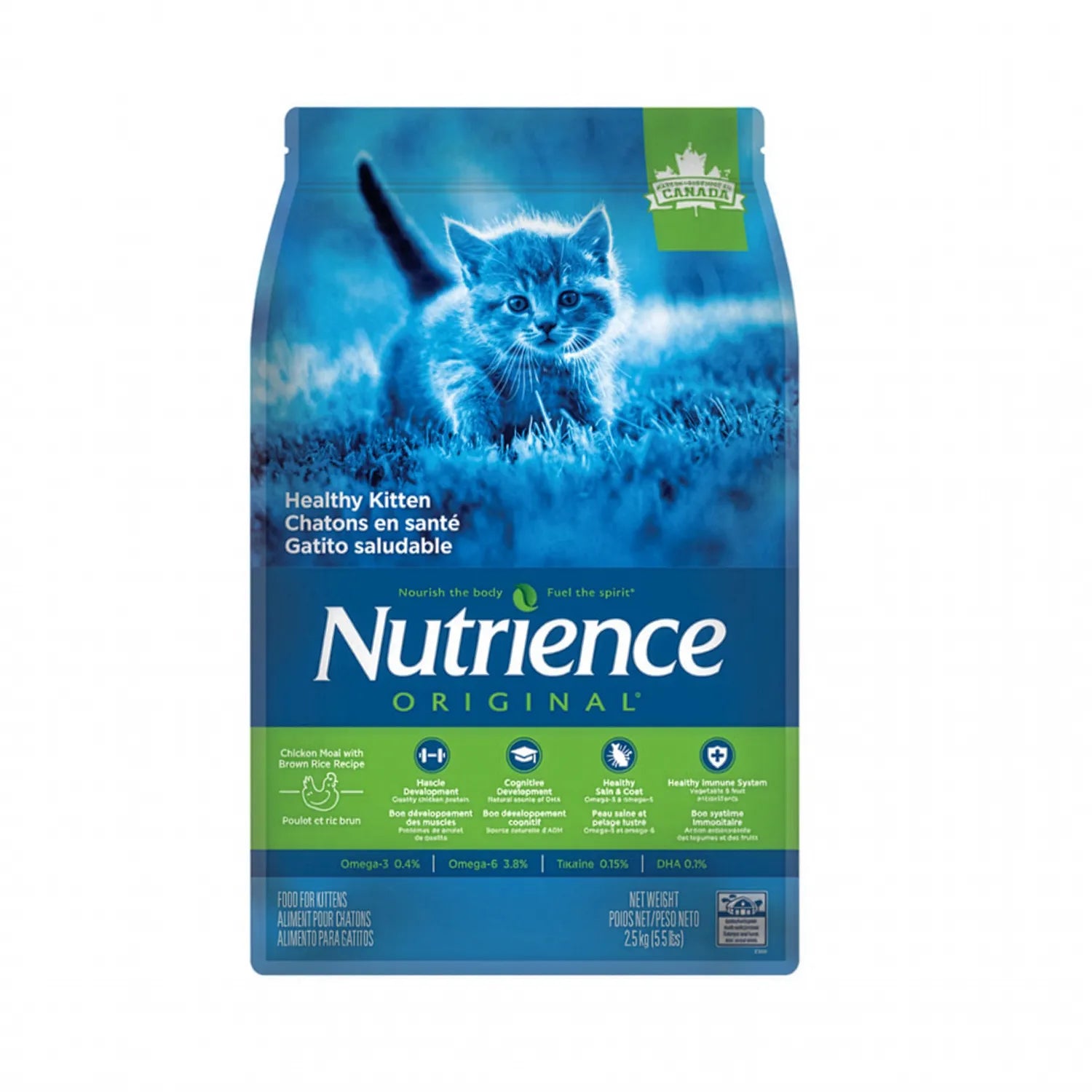 Nutrience Original para Gatitos en bolsa azul y verde con gatito sobre césped y fórmula nutritiva para crecimiento